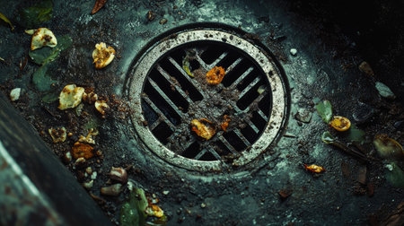 Grimy drain in a metal sink, remnants of food and soap scum surrounding the grate.の素材