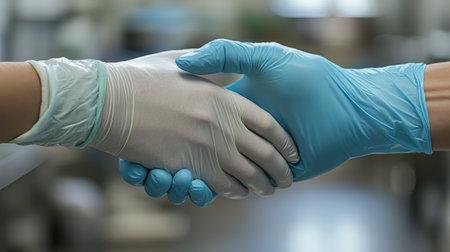 Gloved hands of two doctors shaking hands in a clinical setting, symbolizing partnership and respect.の素材