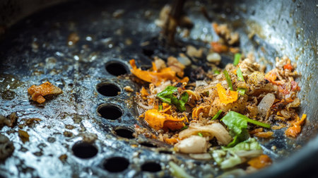 Food scraps and grime around a dirty metal sink drain, signs of accumulated buildup.の素材