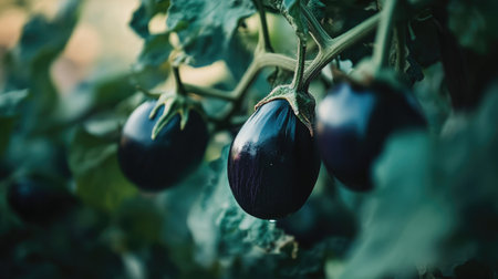 Dutch eggplants in a garden, still on the vine, surrounded by green leaves, ready for harvest on a sunny day.の素材