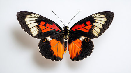 Detailed macro shot of a butterfly in flight, wings displaying a mix of vivid orange and black hues against a simple white backdrop.の素材