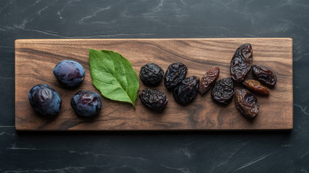 Fresh prunes with green leaves next to dried prunes on a wooden board, showing the difference in color and texture.の素材