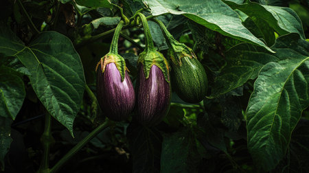 Dutch eggplants in a garden, still on the vine, surrounded by green leaves, ready for harvest on a sunny day.の素材