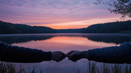 Two hands hooking pinkies by a lake at dawn, creating a serene moment of trust and connection.の素材