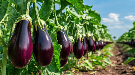 Rows of vibrant Dutch eggplants growing in a sunny outdoor field, with rich, green leaves and blue sky in the background.の素材