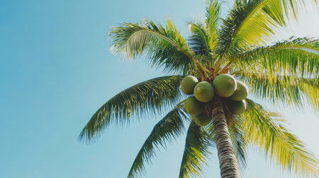 Fresh green coconuts on a tall palm tree with bright, glossy leaves against a clear blue sky.の素材
