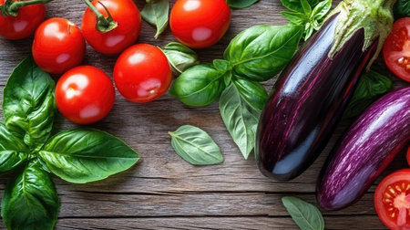 Purple eggplant and red tomatoes with basil leaves on a wooden surface, highlighting the complementary colors of fresh produce.の素材
