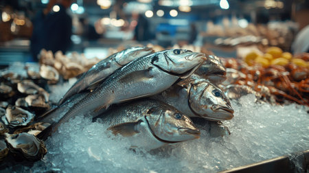 Pile of whole fresh fish with shiny scales and tails, mixed with lobster and oysters on a bed of ice at a seafood market.の素材