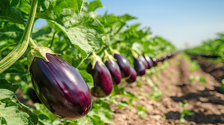 Rows of vibrant Dutch eggplants growing in a sunny outdoor field, with rich, green leaves and blue sky in the background.の素材