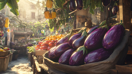 Purple Dutch eggplants in a vibrant, sunlit outdoor market, surrounded by other fresh produce and natural textures.の素材