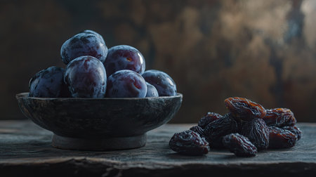 Pile of fresh prunes next to a bowl of dried prunes, with rich colors and natural textures highlighted under soft lighting.の素材