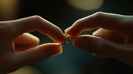 Pinky fingers hooked with a wedding ring in view, symbolizing trust and a promise to stay together.の素材