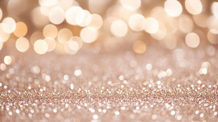 Soft-focus glitter bokeh background with warm golden sparkles, creating a magical and festive atmosphere under gentle lighting.の素材