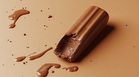 Thickly coated chocolate ice cream bar with a small bite taken, isolated on a warm, pastel background for a summery look.の素材