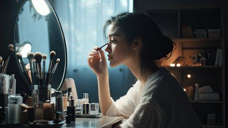Woman sitting at her vanity, applying mascara while looking in the mirror, surrounded by makeup brushes and products.の素材