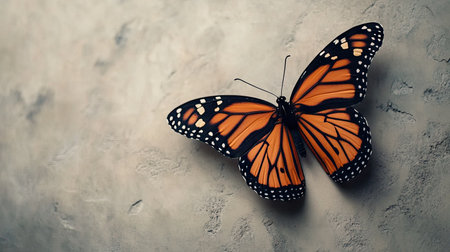 Stunning monarch butterfly with striking orange and black wings, isolated on a soft, light grey background for a refined look.の素材