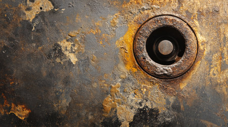 Close-up of an unclean metal sink drain, visible rust spots and water stains around it.の素材