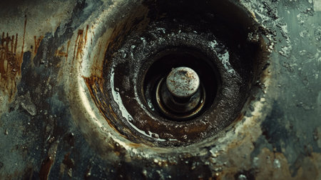 Dirty drain in a metal sink, grease stains and soap residue surrounding the stopper.の素材