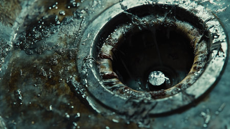 Close-up of a clogged, dirty drain in a metal sink, showing stains and debris on the surface.の素材