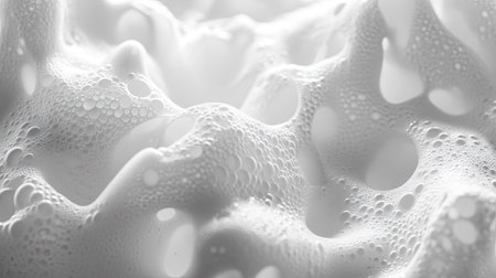 Close-up view of soap covered in soft, fluffy bubbles, capturing the textures of the foam.の素材