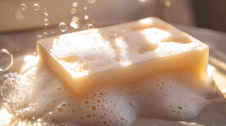 Airy, fluffy foam covering a soap bar in a close-up view, with bubbles shining brightly.の素材