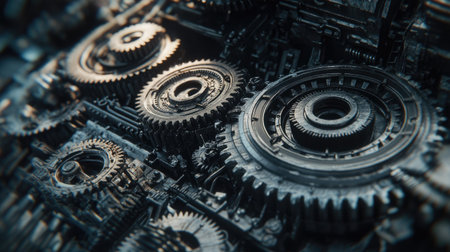 Close-up of interlocking metal engine gears, showing intricate teeth and industrial textures.の素材