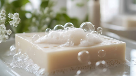 Delicate foam bubbles in varying sizes on top of a soap bar, creating a fresh and clean feel.の素材