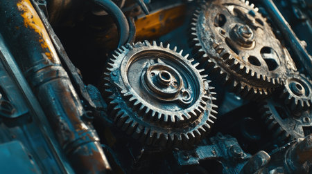 Gears and cogwheels inside an engine, metallic teeth interlocked, in a close-up composition.の素材