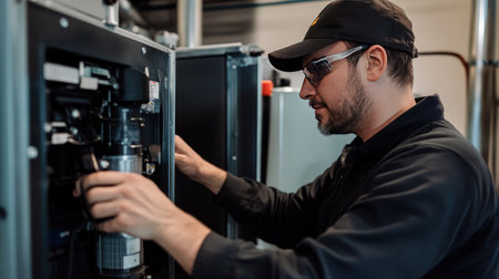 Engineer servicing water pump of an air conditioning unit, checking for optimal cooling function.の素材