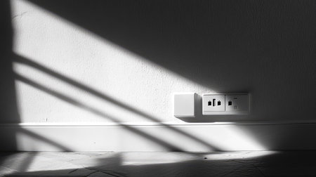 Simple white power socket on a plain wall, sunlight casting faint shadows across the surface.の素材