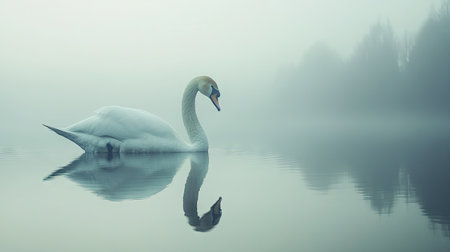 Side view of a white swan in a tranquil lake, with its reflection perfectly mirrored in the water.の素材