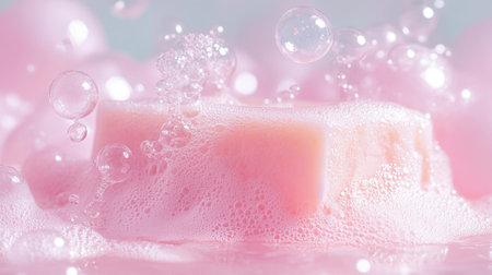 Rich, foamy lather covering a bar of soap, with bubbles of varying sizes in a clean setting.の素材