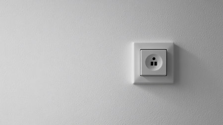 High-angle shot of a white electrical socket on a plain white wall, symbolizing simplicity.の素材