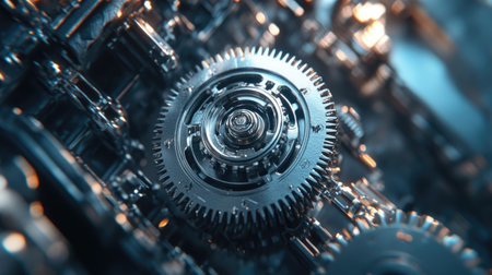 Steel gear wheels interlocking inside a complex engine assembly, intricate details in focus.の素材