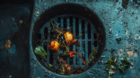 Metal kitchen sink drain with dark stains, leftover food scraps stuck in the grate.の素材