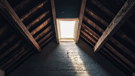 High ceiling with a small ventilation window, casting soft light into a loft-style room.の素材