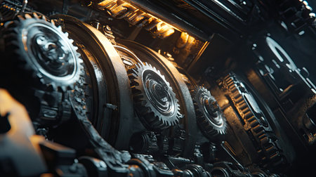 Set of metal gears inside an engine compartment, showing industrial strength and complexity.の素材