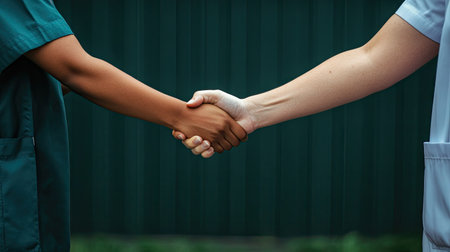 Professional handshake between two medical professionals, symbolizing teamwork and trust in healthcare.の素材