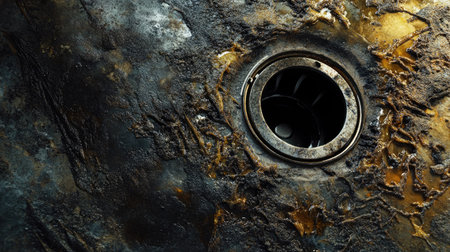 Metal sink drain filled with debris, surrounded by hard water stains and residue buildup.の素材