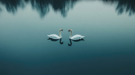 Two swans floating together on a peaceful lake, their reflections creating a heart shape in the water.の素材