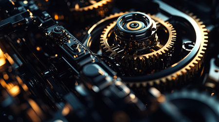 High-detail shot of metallic engine gear wheels meshing together, showcasing precision engineering.の素材