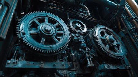 Set of metal gears inside an engine compartment, showing industrial strength and complexity.の素材