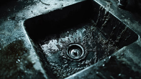 Metal sink with a clogged drain, murky water and residue buildup in the stainless steel.の素材