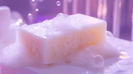 Soap bar coated with fluffy white foam, bubbles sparkling in soft, ambient lighting.の素材