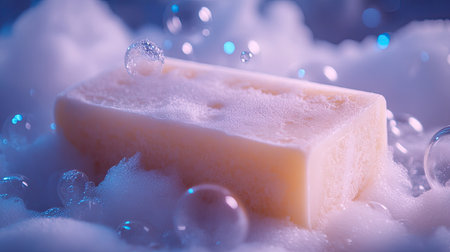 Soap bar coated with fluffy white foam, bubbles sparkling in soft, ambient lighting.の素材