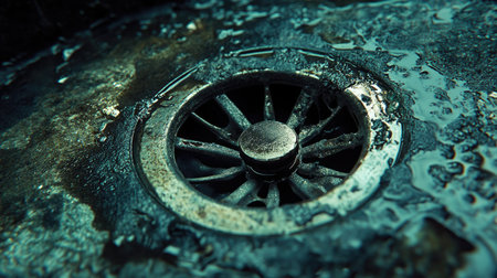 Metal sink drain clogged with soap scum and dirt, grimy water pooling around it.の素材