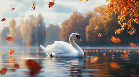 Majestic swan floating on a serene lake, surrounded by autumn leaves drifting on the water.の素材