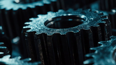 Set of interlocked metal gears in a close-up shot, focusing on teeth alignment and industrial texture.の素材