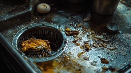 Metal kitchen sink drain clogged with soap scum and food bits, dirty water collecting nearby.の素材