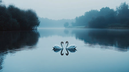 Two swans floating together on a peaceful lake, their reflections creating a heart shape in the water.の素材